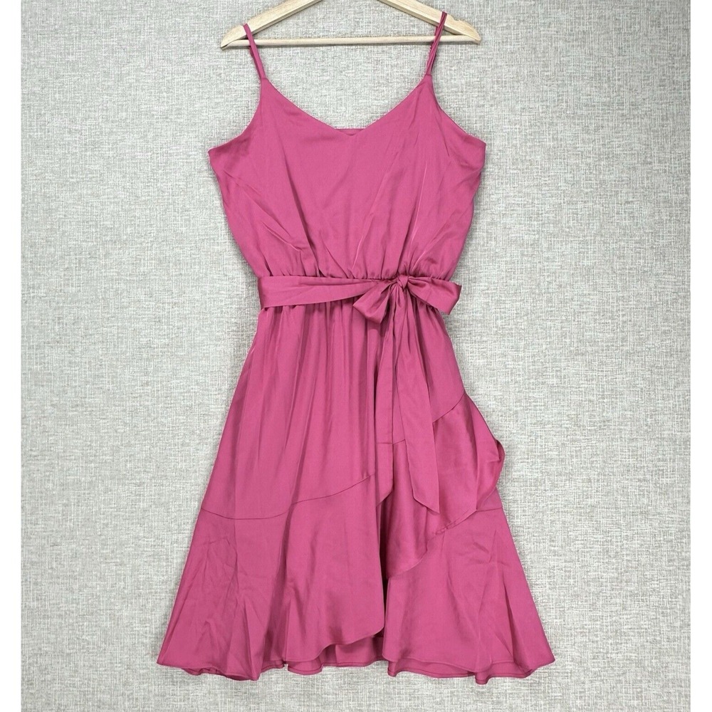 Tahari‎ Arthur S Levine Faux Wrap Dress Size M Pink Matte Satin Ruffle Hem Tie